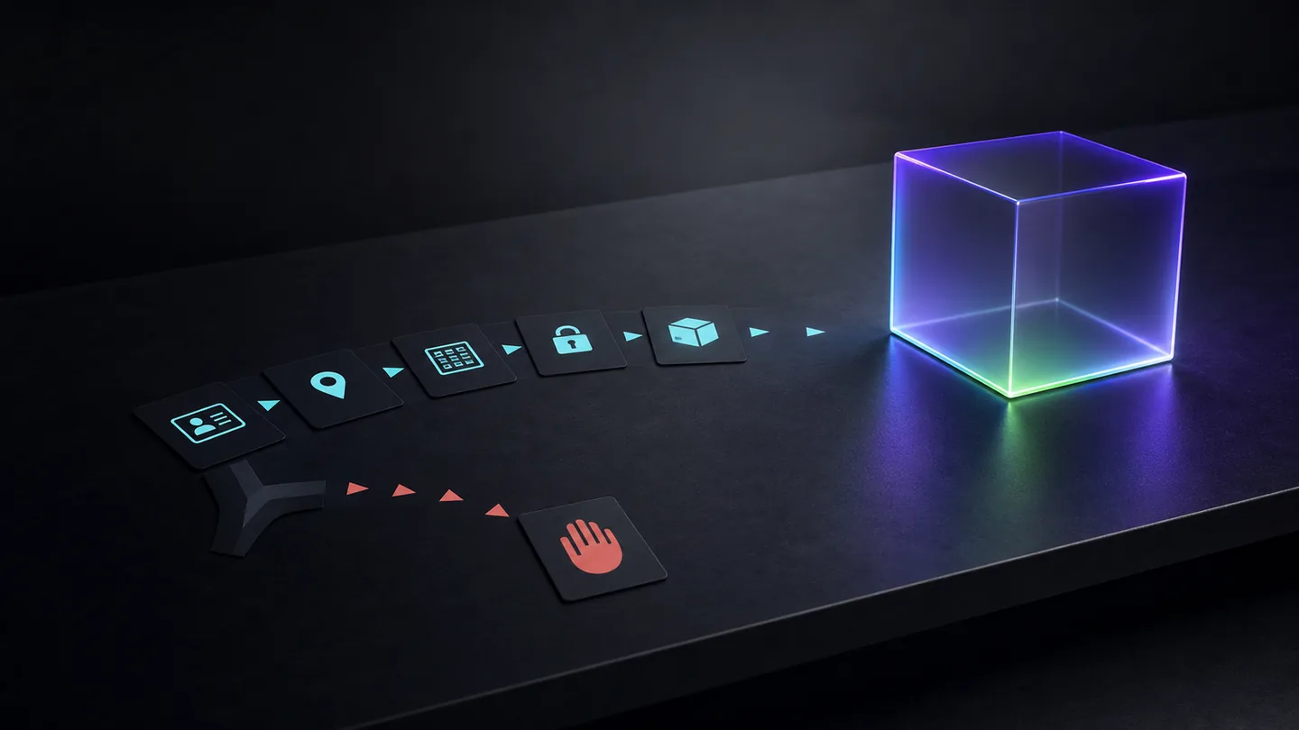 Dark decision desk with a glowing mystery cube, verification icons and a clear stop path