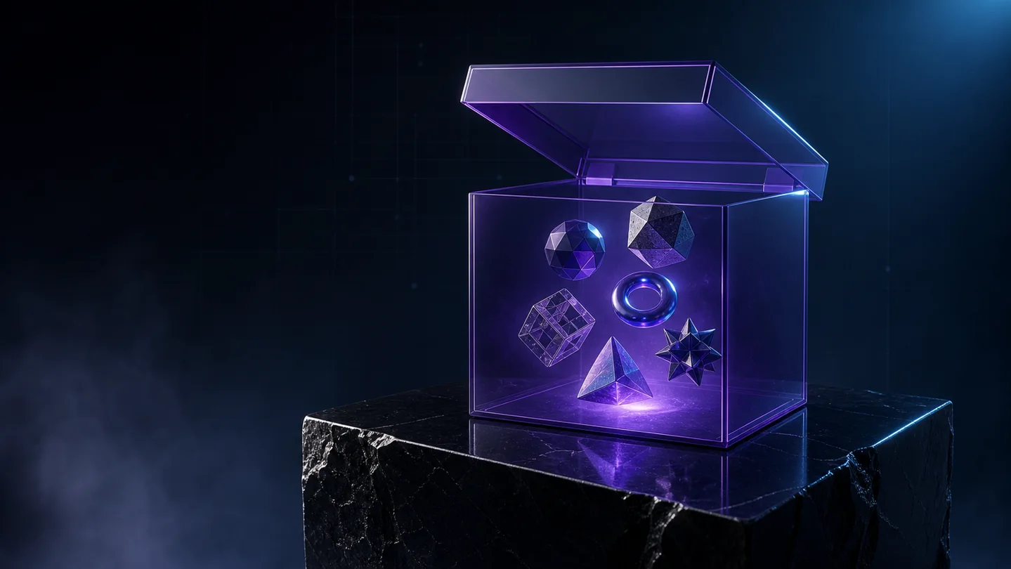 Glowing translucent mystery cube surrounded by abstract collectible shapes