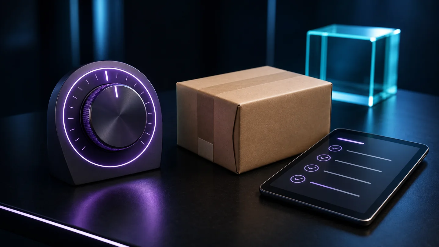 Abstract spending-limit dial beside a parcel, identity card and fulfillment checklist