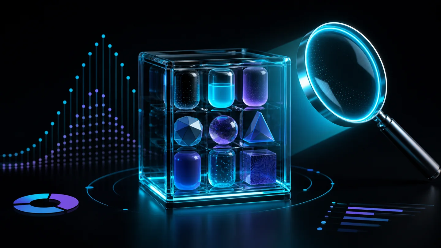 Magnifying lens inspecting abstract objects and probability markers inside a transparent cube