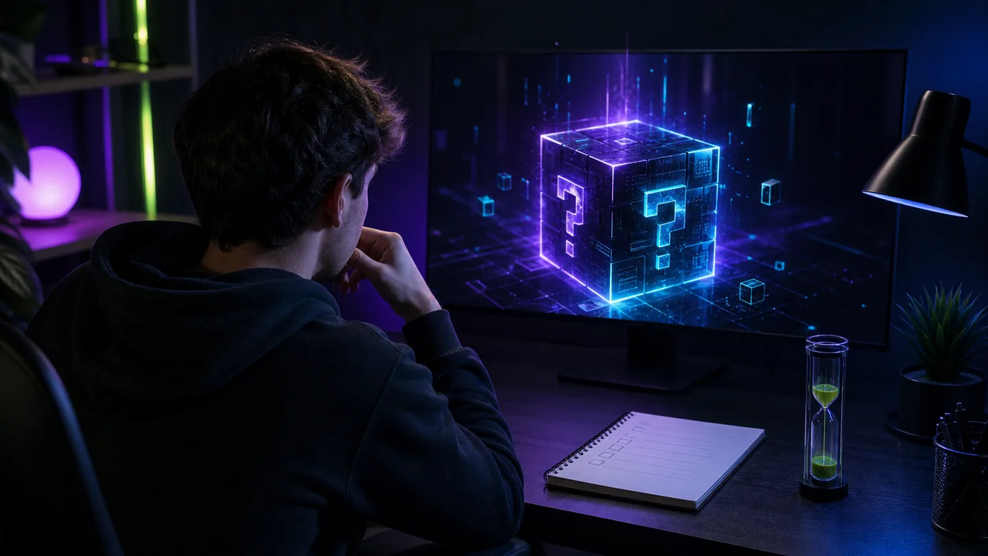 Adult viewer at a dark gaming desk calmly reviewing an abstract mystery-box interface and a written spending limit